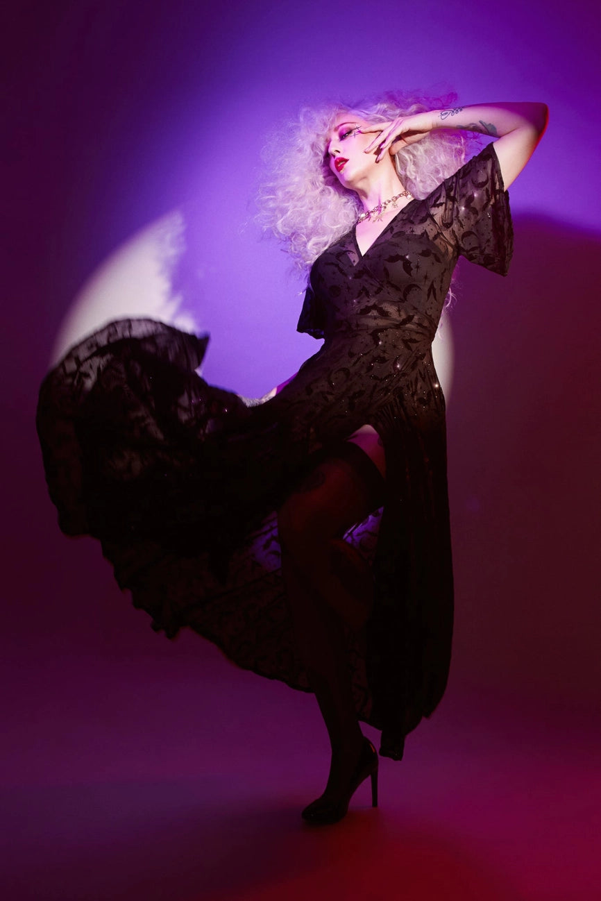 Huge Savings Lydia Wrap Dress in Black Flocked Bats Mesh by Wax Poetic