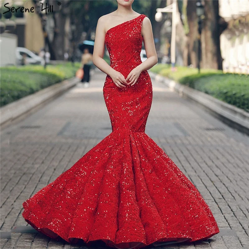 Exclusive Savings Red One Shoulder Wedding Dresses Sequined Fashion Lace Mermaid Bridal Wedding Gown