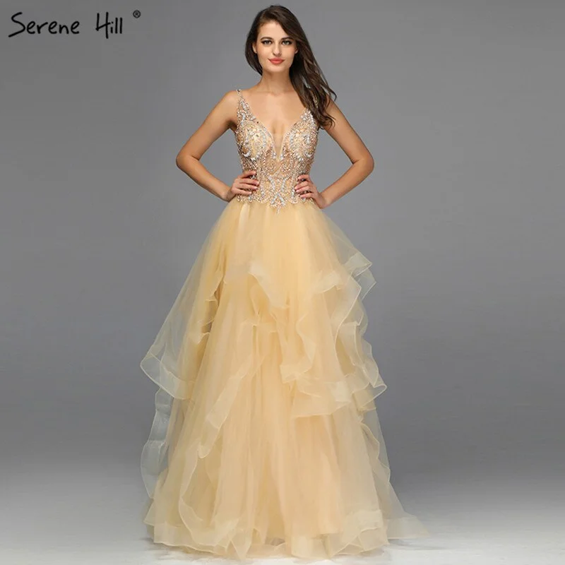 Bargain Blast On Sale No Return No Refund Sale Gold V-Neck Beading Diamond Evening Dressese A-Line Sleeveless Sexy Evening Gowns Design 2024 Serene Hill LA70149