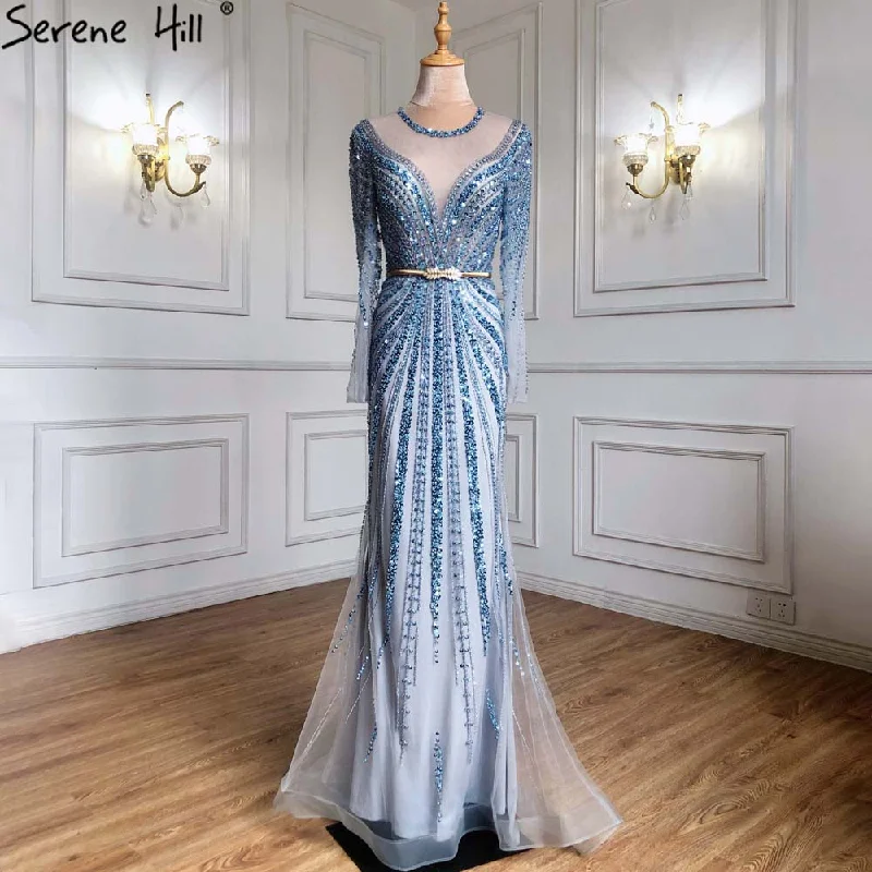 Special Price Serene Hill Blue Muslim Mermaid Elegant Evening Dresses Gowns 2024 Luxury Beaded For Women Party LA71374