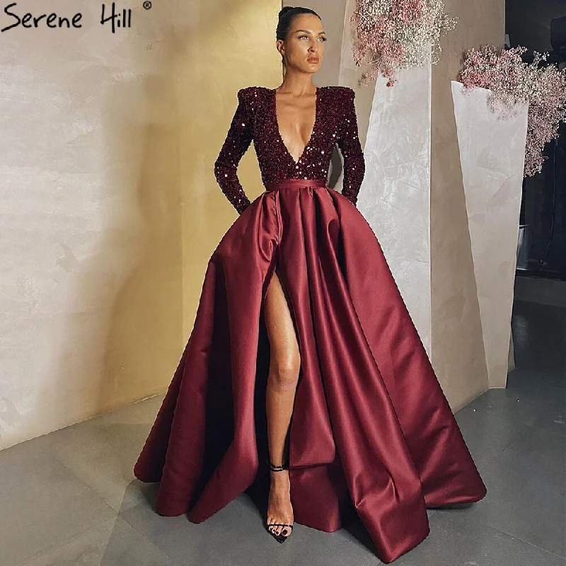 Hot Deal Serene Hill Wine Red High Split Evening Dresses Gowns 2024 Luxury Sparkle Mikaduo For Woman Party LA71062