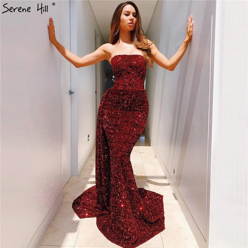 Lowest Prices Red Strapless Luxury Sexy Evening Dresses 2024 Dubai Design Off Shoulder Lace Up Formal Dress Serene Hill LA70304