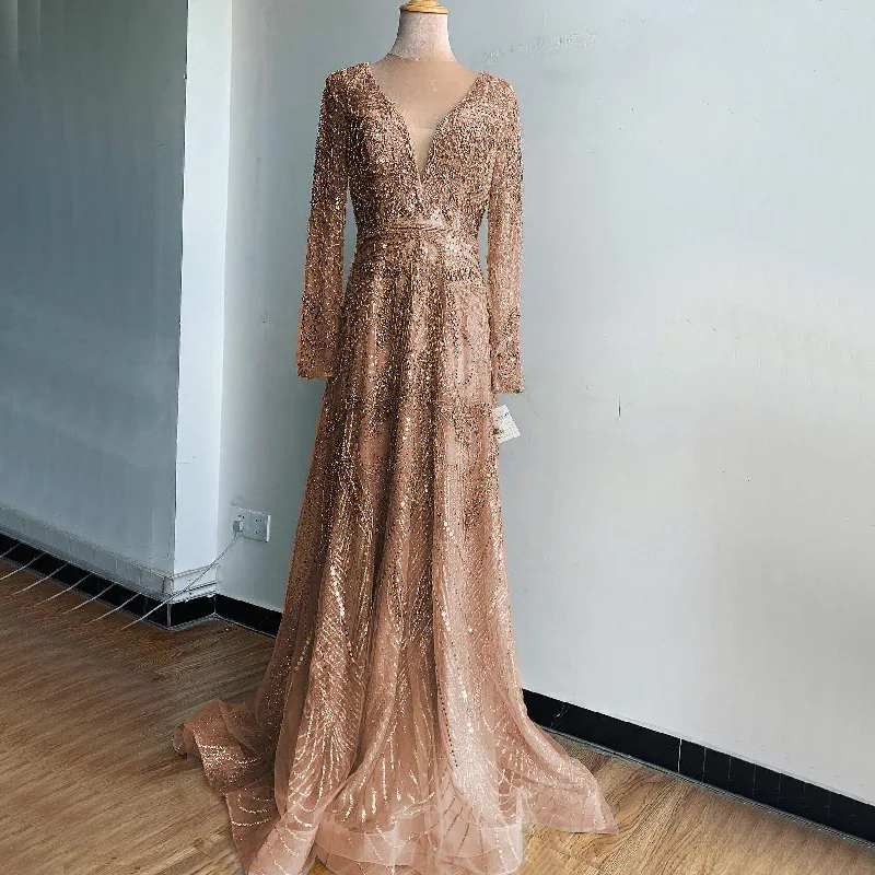 Anniversary Sale On Sale no return no refund Gold A-Line V-Neck Luxury Sexy Evening Dresses 2024 Pearls Crystal Long Sleeves Fromal Gown Serene Hill LA70287L Anniversary Sale On Sale no return no refund Gold A-Line V-Neck Luxury Sexy Evening Dresses 2024 Pearls Crystal Long Sleeves Fromal Gown Serene Hill LA70287L