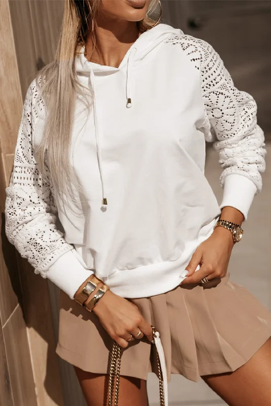Lowest Price White Lace Patchwork Sleeve Drawstring Hoodie