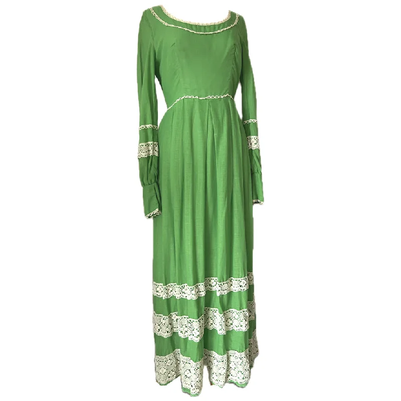 Huge Discounts Spring green vintage hippy maxi dress with cream crochet lace trim