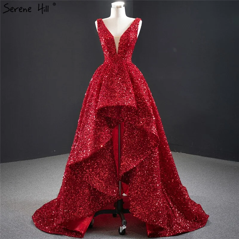 Members Only Dubai Red Deep-V Luxury Sexy Evening Dresses 2024 Sleeveless Sequins Asymmetrical  Formal Dress Serene Hill HM67126