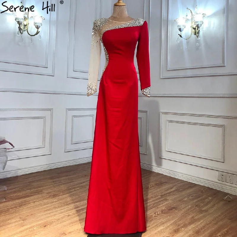 New Arrival Serene Hill Red Satin Mermaid Evening Dresses Gowns 2024 Elegant Beaded Sexy For Women Wedding Party LA71152