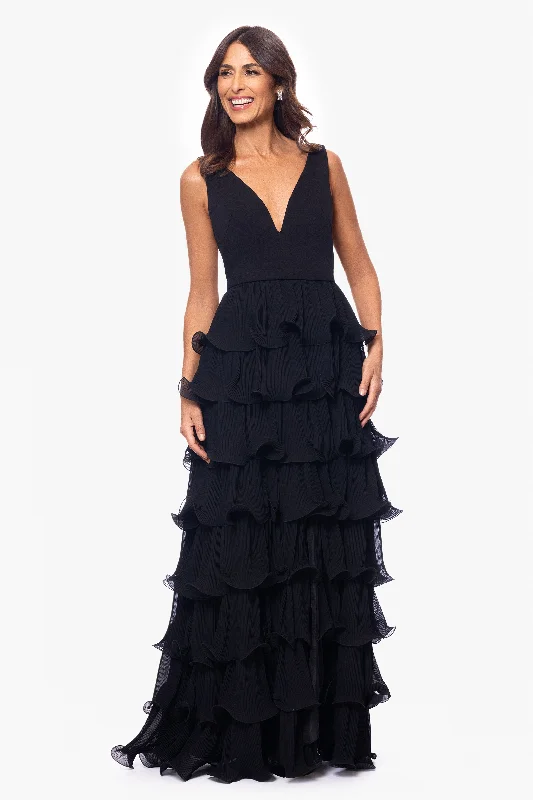 Price Smash "Eleni" Scuba Crepe Top and Chiffon Skirt Floor Length Dress