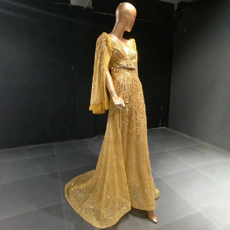Closeout Serene Hill Gold Cape Sleeve Evening Dresses Gowns 2024 A-Line Beaded Elegant Luxury For Women Party LA71504