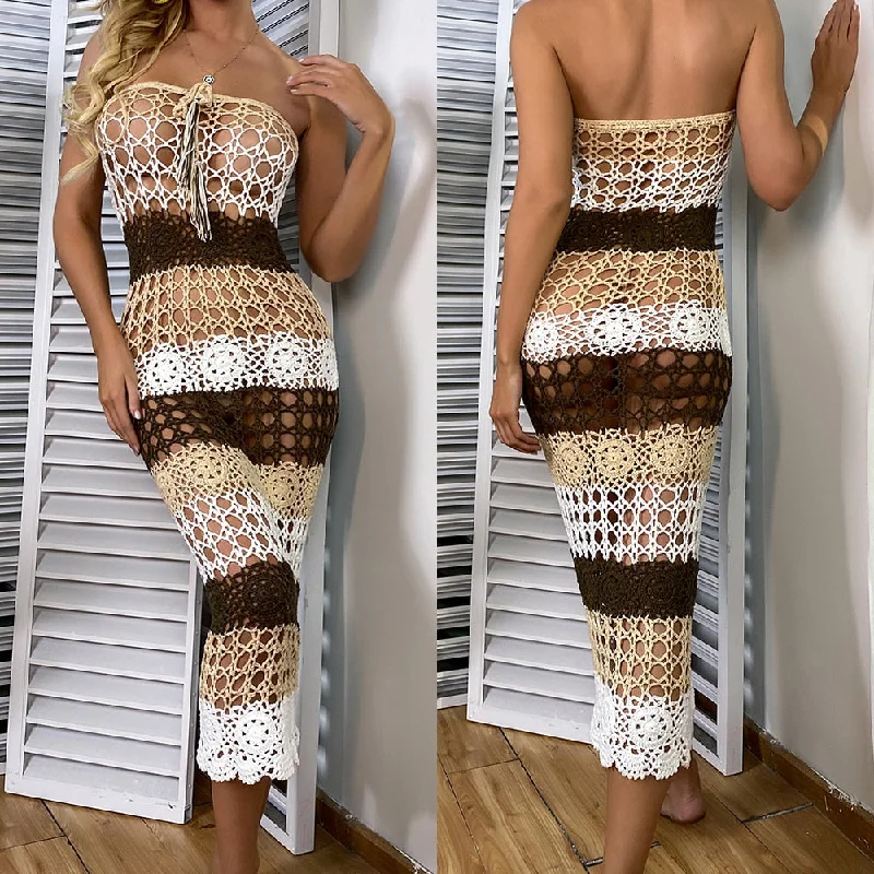 Anniversary Sale Women Lace Crochet Stitching Maxi Dress Beach Dress Bohemian Summer Casual Dress Cover Up Swimsuit Beachwear