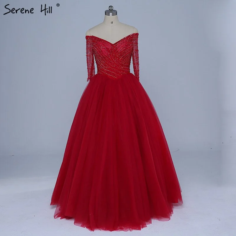 Amazing Deals On Sale No Return No Refund Boat Neck Beading Sequined Tulle Evening Dresses Wine Red Sexy Bridal Evening Gown Robe De Soiree 2024 Real Photo LA6393