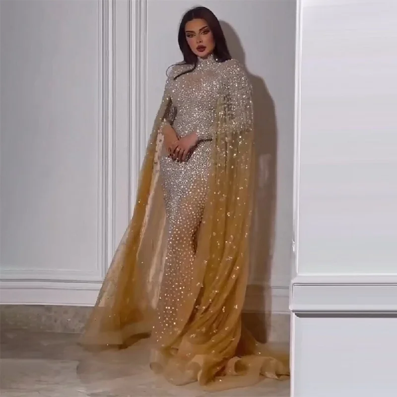 Super Sale Serene Hill Muslim Gold Mermaid Elegant Cape Sleeves Beaded Luxury Dubai Long Evening Dresses Gowns 2023 For Woman Party LA71990