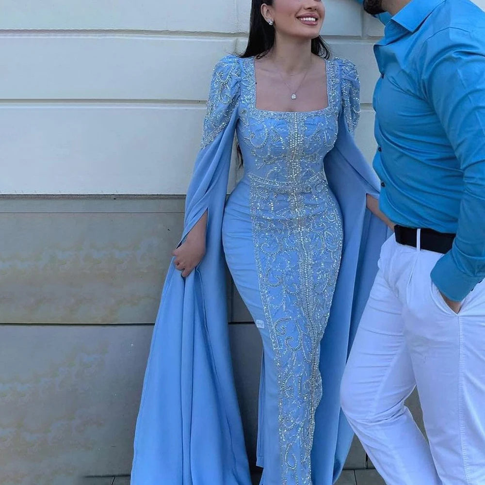 Super Savings Serene Hill Blue Muslim Elegant Mermaid Cape Sleeves Evening Dresses Arabic Beaded Gowns 2024 For Women Wedding Party LA72050 Super Savings Serene Hill Blue Muslim Elegant Mermaid Cape Sleeves Evening Dresses Arabic Beaded Gowns 2024 For Women Wedding Party LA72050