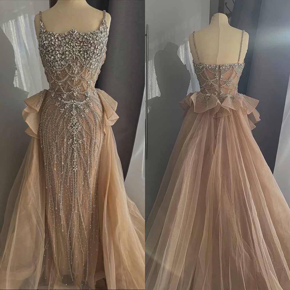 Mega Sale Serene Hill Customized 2025 Nude Saudi Beaded Spaghetti Strap Evening Dresses Gowns with Overskirt for Formal Occasion LA72810