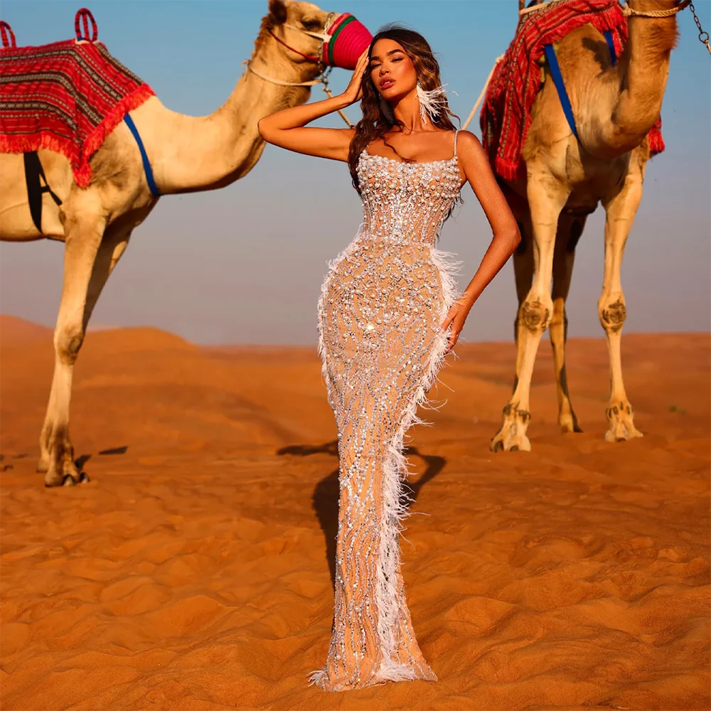 Weekend Special Serene Hill 2025 Customized Arabic White Nude Spaghetti Strap Feathers Beaded Mermaid Evening Gown for Formal Occasion LA72823