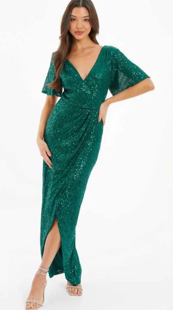 Bargain Blast Dark Green Sequin Wrap Dress