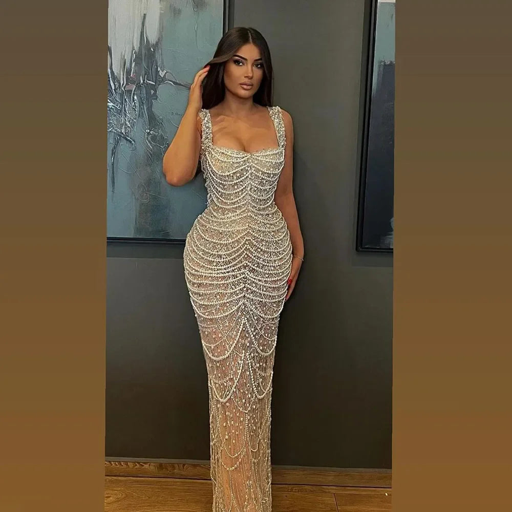 Friends and Family Sale Serene Hill Arabic Nude Spaghetti Strap Mermaid Luxury Pearls Beaded Evening Gown for Women | Wedding Party 2024 LA72606A