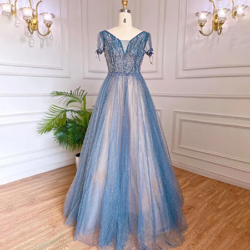 Special Offer Serene Hill A-Line Blue Luxury Evening Dresses Gowns 2024 Beaded Short Sleeves Lace Up Arabic For Women Party LA70840 Special Offer Serene Hill A-Line Blue Luxury Evening Dresses Gowns 2024 Beaded Short Sleeves Lace Up Arabic For Women Party LA70840