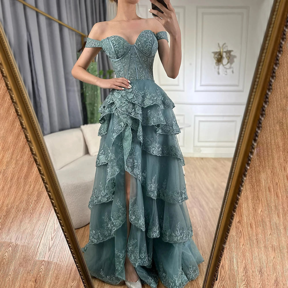 Savings Alert Serene Hill Arabic Turquoise Shoulder Strap Tiered Beaded Evening Gown with Front Split for Formal Occasion 2024 LA72593A