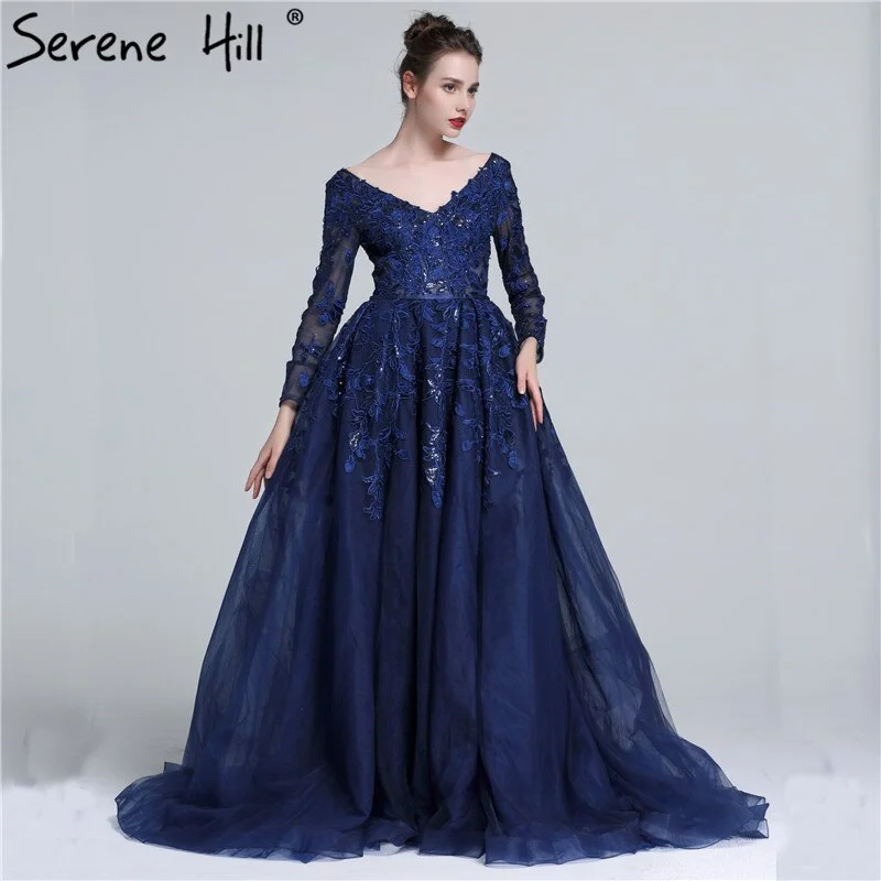 Shop and Save Sale Serene Hill 2024 Dark Blue Deep-V Tulle Evening Dresses Newest Long Sleeve Appliques Sequined Gowns LA6099 Shop and Save Sale Serene Hill 2024 Dark Blue Deep-V Tulle Evening Dresses Newest Long Sleeve Appliques Sequined Gowns LA6099