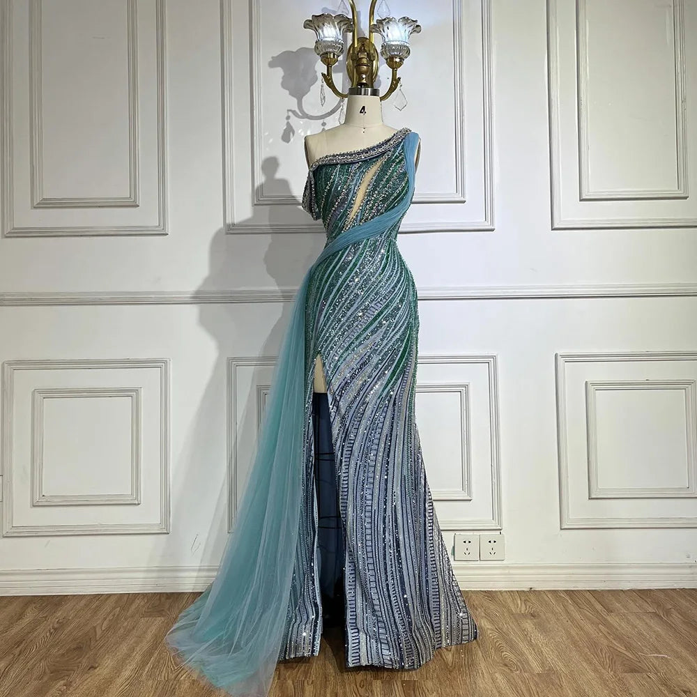 Today's Special Serene Hill 2024 Arabic One-Shoulder High Split Blue Mermaid Gown Luxury Beaded Saudi Evening Dress for Formal Occasion LA72718