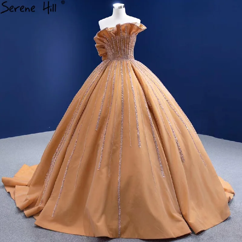 Low Prices Serene Hill Luxury Sleeveless Gold Wedding Dresses 2024 Satin High-end Beaded Sexy Bridal Dress HM67356 Custom Made