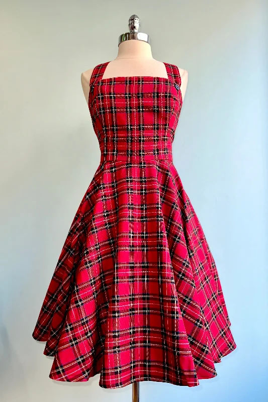 Price Cut Red Plaid Irvine Pinafore Dress by Hell Bunny