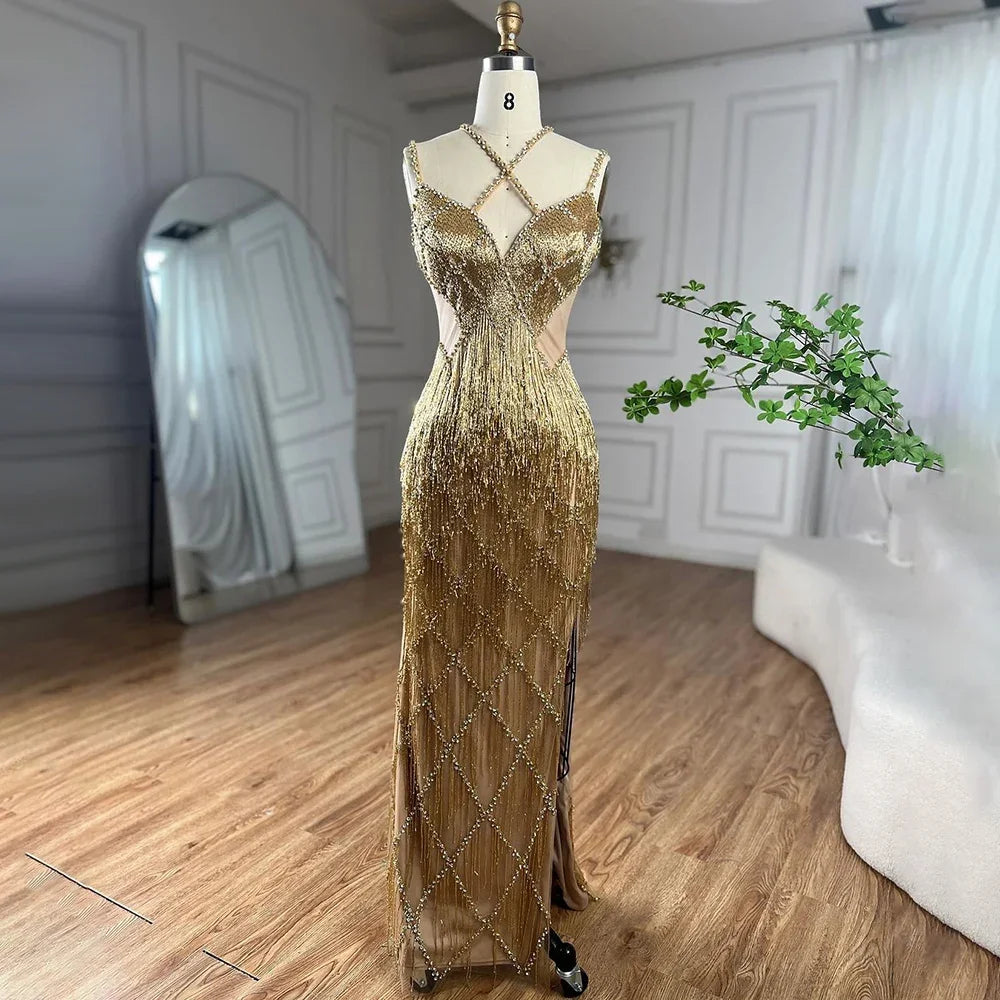 New Markdowns Serene Hill Dubai Silver Mermaid Gold Evening Gowns Luxury Beaded Tassel Spaghetti Strap Party Drsses For Women 2024 LA72280
