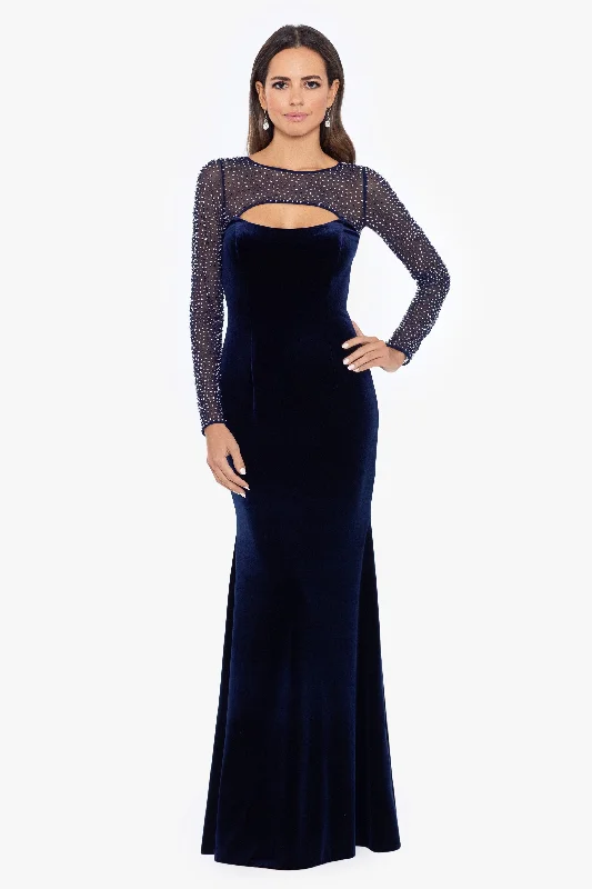 New Deals "Tamara" Long Sleeve Velvet Beaded Illusion Top Gown