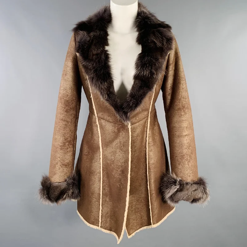 Overstock Sale PELLACCI Size XS Brown Cream Leather Fur Trim Snaps Coat