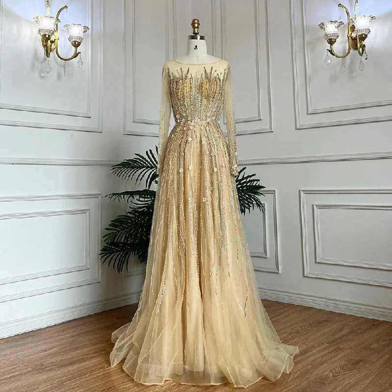 Midnight Sale Serene Hill Muslim Gold A Line Beaded Crystal Appliques Luxury Long Evening Dresses Gowns For Women Wedding Party 2024 LA71957