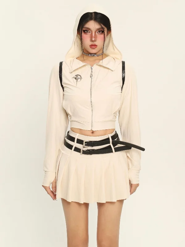 Must-Have Deals Lena Solid Solid Long Sleeve Zip Up Cropped Hoodie + Double Belt Strap Pleated Mini Skirt Matching Set