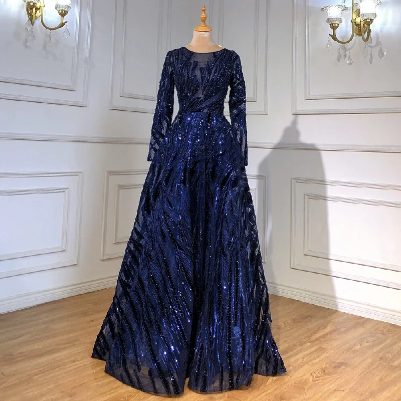 Instant Discount Muslim Navy Blue A-Line Luxury Evening Dresses Gowns 2024 Crystal Long Sleeves For Women Party Serene Hill LA71501