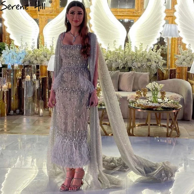 Customer Appreciation Sale Serene Hill Luxury Silver Nude Mermaid Evening Dresses Gowns 2024 Beaded Feather Ankle Length For Women Party LA71492 Customer Appreciation Sale Serene Hill Luxury Silver Nude Mermaid Evening Dresses Gowns 2024 Beaded Feather Ankle Length For Women Party LA71492