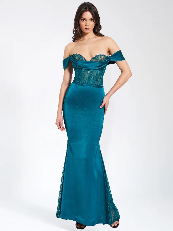 Super Sale Callista Teal Satin Lace Corset Maxi Dress