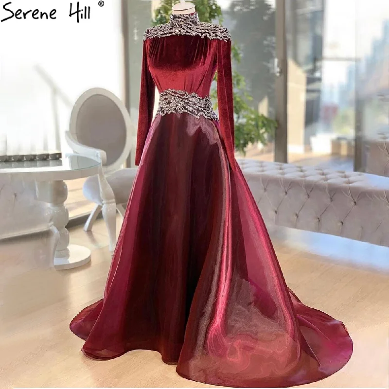 Extra Savings Serene Hill Muslim Wine Red Evening Dresses Gowns 2024 Velour Beaded A-Line For Women Wedding Party LA71431