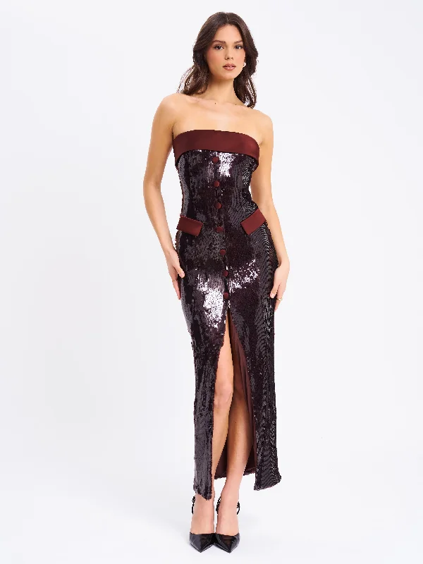 Doorbuster Deal Qadira Burgundy Brown Sequin Maxi Pencil Dress