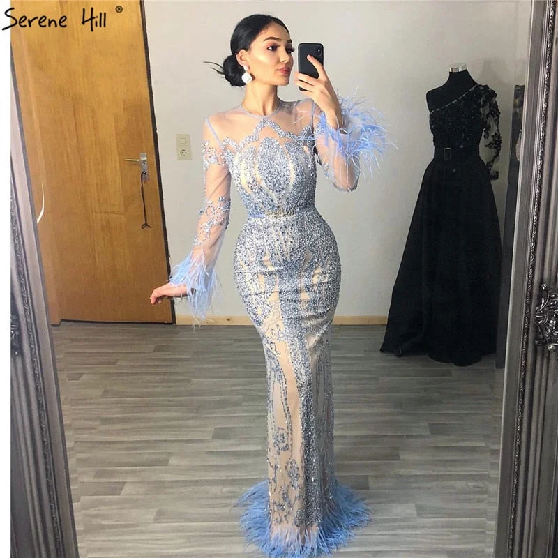 Lowest Price Blue  Long Sleeve Feathers beaded Evening Dresses Dubai Mermaid Luxury Evening Gowns 2024 Serene Hill LA60932