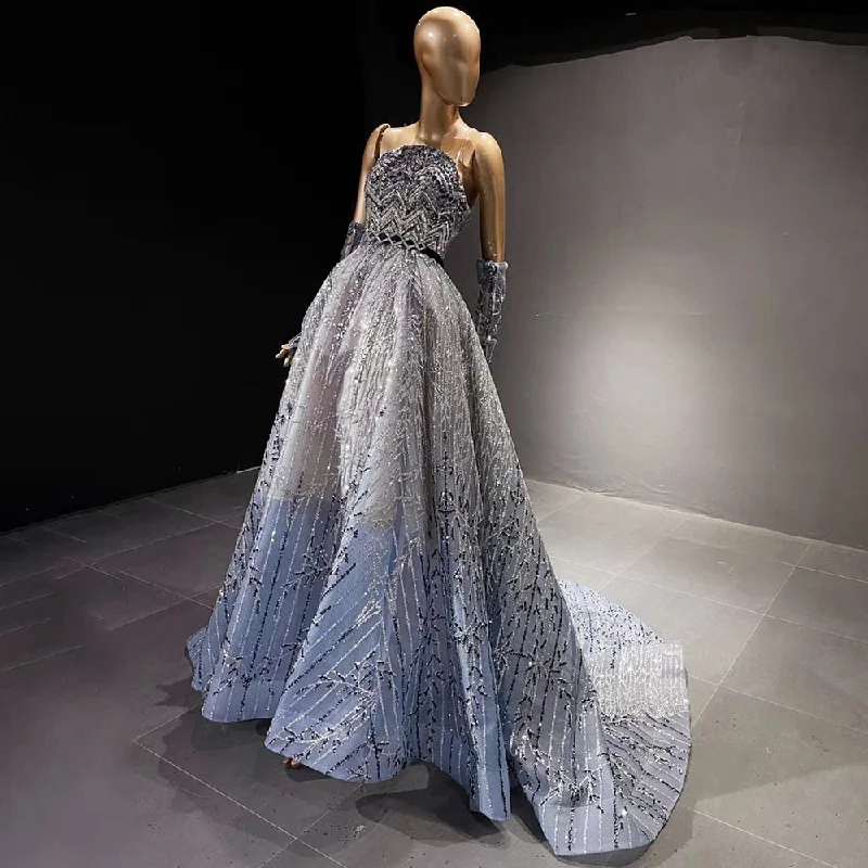 Limited Availability Serene Hill Blue Beaded Luxury Evening Dresses Gowns 2024 Detachable Sleeves A-Line For Women Party LA71506