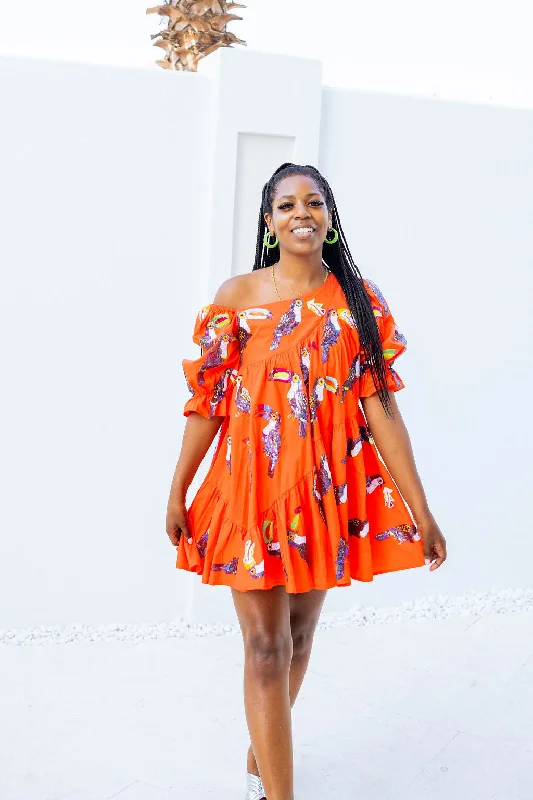 Clearance Sale Orange Toucan Asymmetrical Dress
