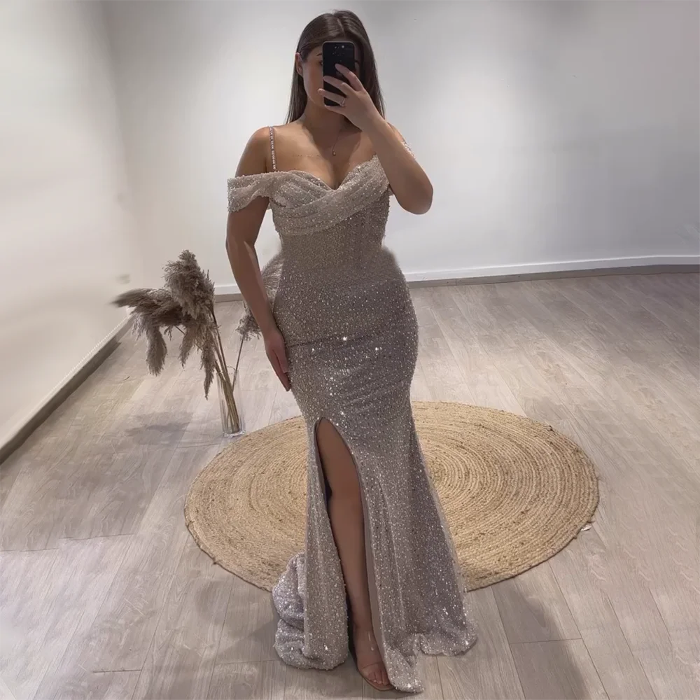 Limited Quantity Serene Hill Arabia White Nude Mermaid Boat Neck Luxury Evening Dresses Gowns High Split for Women Wedding Party 2024 LA72301
