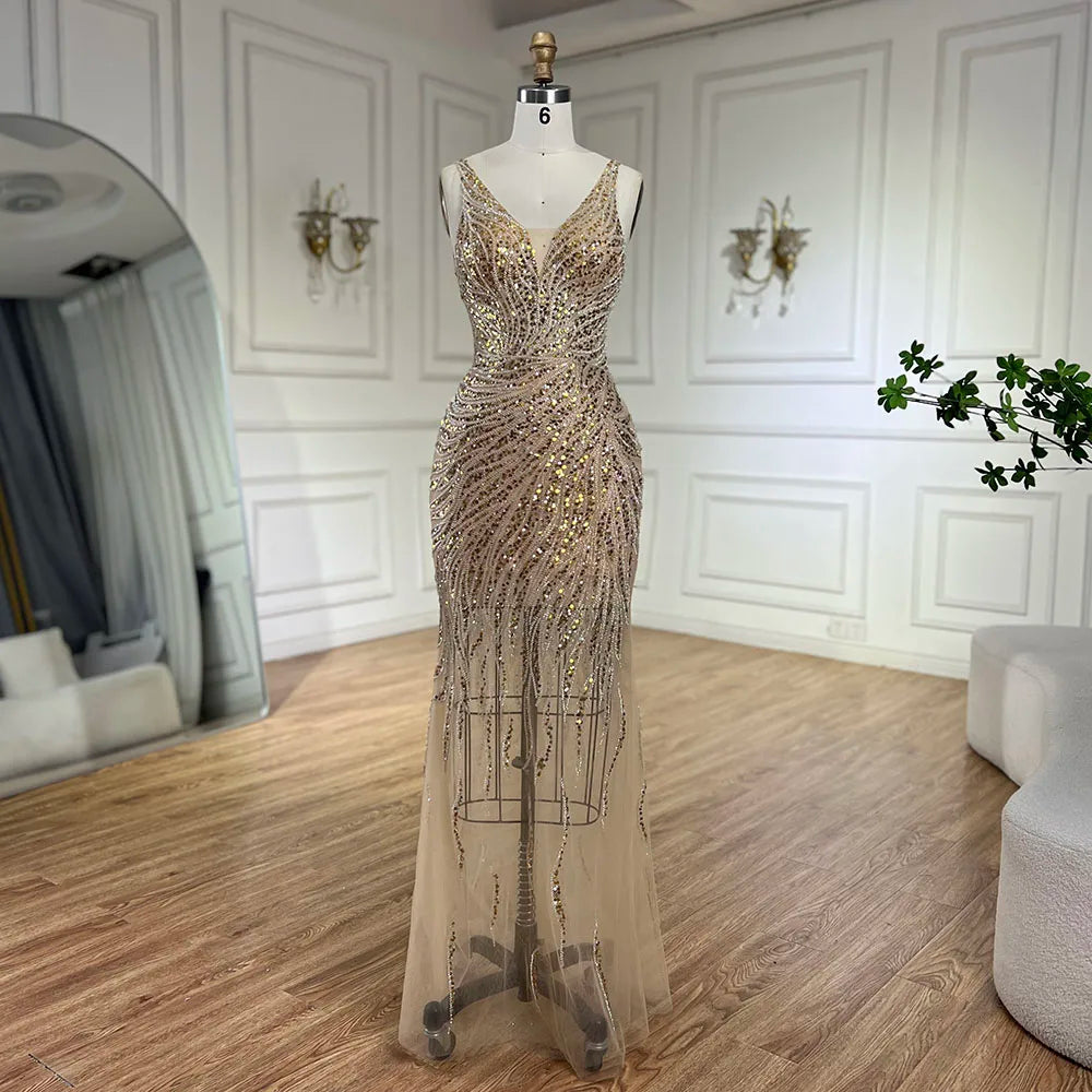 Blowout Deals Serene Hill 2024 Gold Backless Spaghetti Strap Mermaid Beaded Luxury Evening Dresses Gowns for Women Wedding Party LA72615