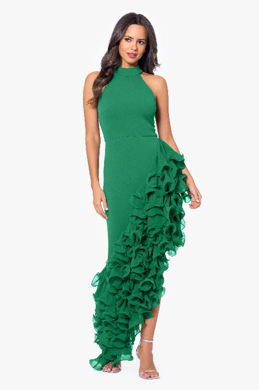 Savings Galore "Mona" Long Ponte Asymmetrical Ruffle Mock Neck Dress