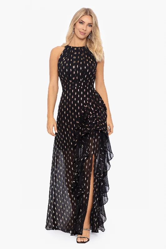 Bargain Blast "Karina" Long Chiffon Foil Ruffle Tie Neck Dress