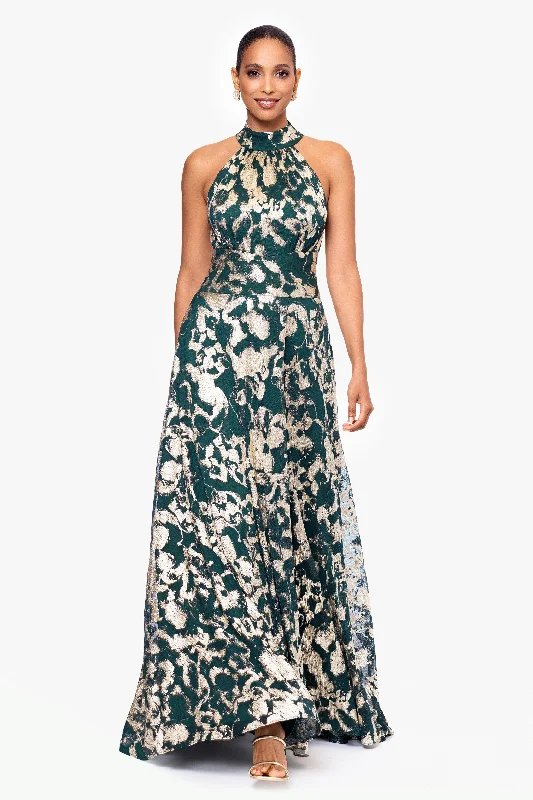 Mega Sale "Naomi" Long Metallic Crinkle High Halter Neck Floor Length Dress