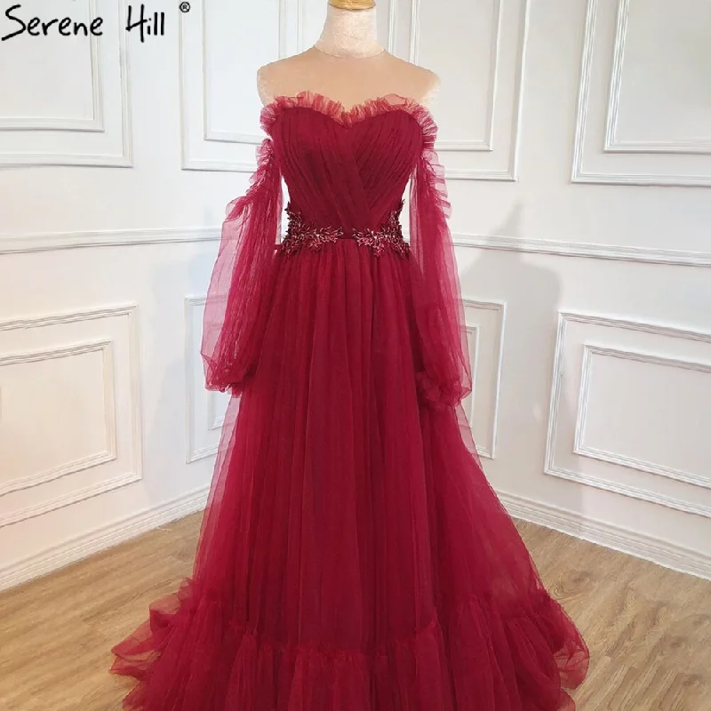 Final Sale Serene Hill Wine Red Simple Sexy Evening Dresses Gowns 2024 Long Puff Sleeves Lace Up For Women Party Dress HA2443