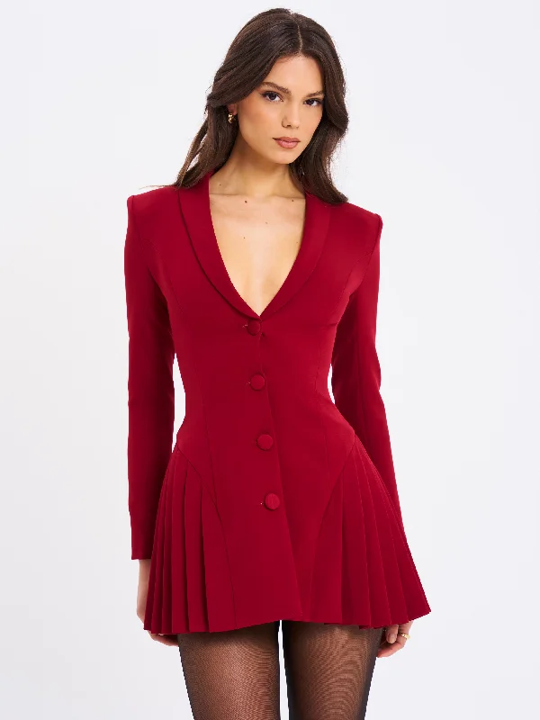 Savings Spectacular Delia Burgundy Blazer Dress with Pleated Detail