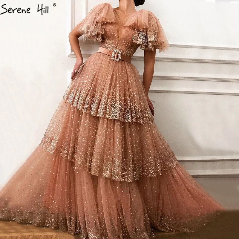 Flash Deals Sale Blush Pink V-Neck Sexy Sparkle Evening Dresses 2024 A-Line Tiered Sequined Tulle Evening Gowns Serene Hill LA60765