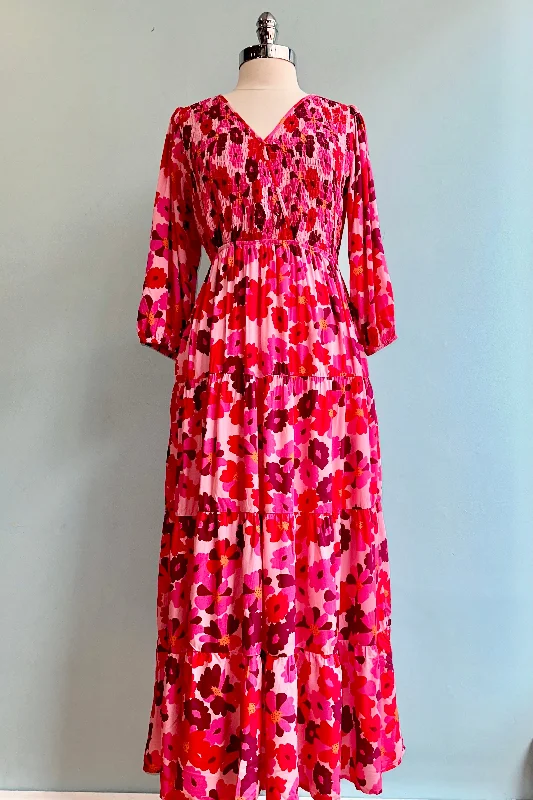 Instant Savings Pink Floral Smocked Surplice Bodice Midi Dress
