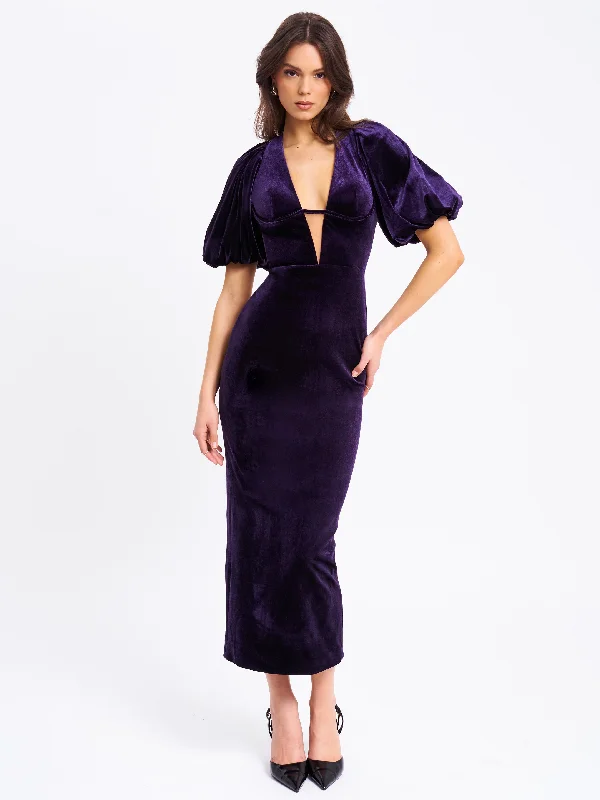 Super Deal Coraline Purple Velvet Bubble Sleeve Backless Maxi Dress